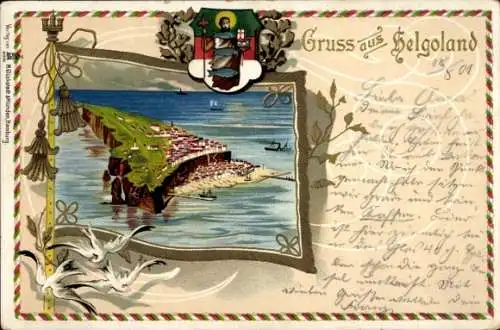 Präge Passepartout Wappen Litho Helgoland, Gesamtansicht der Insel, Hafen