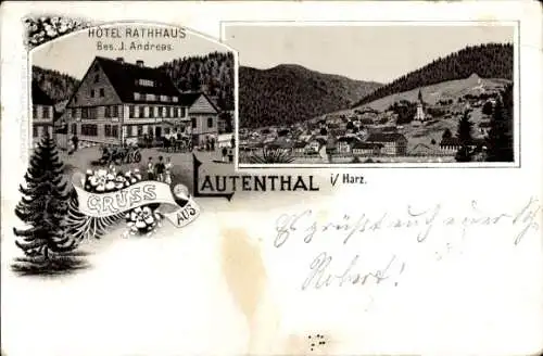 Litho Lautenthal Langelsheim am Harz, Hotel Rathaus, Totalansicht