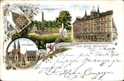Litho Braunschweig in Niedersachsen, Hotel Kaiserhof, Monumentplatz, Altstadtmarkt