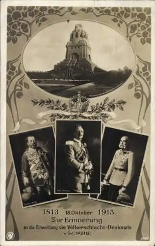 Ak Leipzig, Völkerschlachtdenkmal, Kaiser Wilhelm II, Zar Nikolaus II, Kaiser Franz Joseph