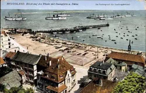 Ak Helgoland, Landungsbrücke, Rhede mit Dampfern und Düne