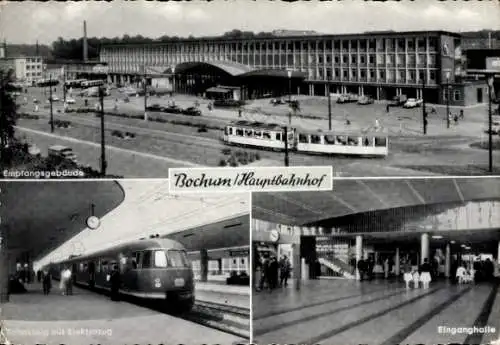 Ak Bochum im Ruhrgebiet, Hauptbahnhof, Bahnsteig, Elektrozug, Eingangshalle, Straßenbahn