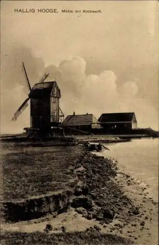Ak Hallig Hooge in Nordfriesland, Mühle mit Kirchwerft