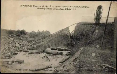 Ak Aspach le Haut Oberaspach Elsass Haut Rhin, Brücke, Kriegszerstörung