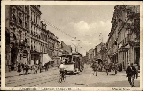 Ak Mulhouse Mülhausen Elsass Haut Rhin, Faubourg de Colmar, Straßenbahn