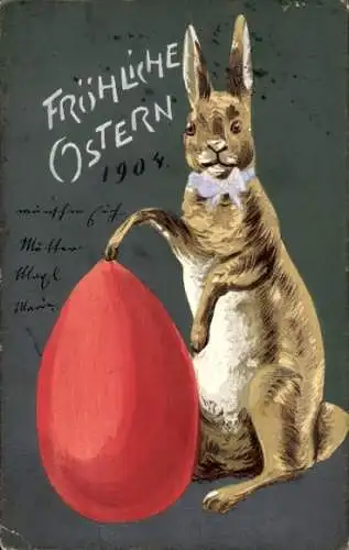 Ak Glückwunsch Ostern, Hase mit großem Ei