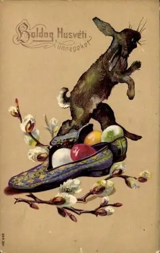 Präge Litho Glückwunsch Ostern, Hase, Ostereier, Pantoffeln, Weidenkätzchen