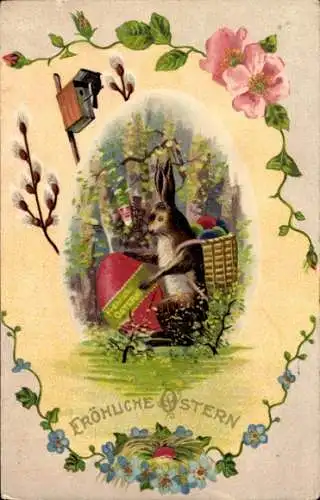 Ak Glückwunsch Ostern, Hase mit Ostereiern, Weidenkätzchen, Blüten