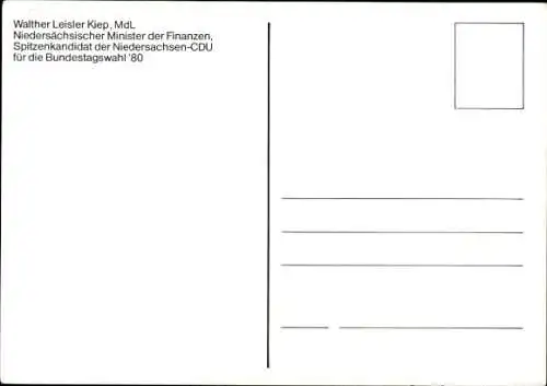 Ak Politiker Walther Leisler Kiep, Portrait, Finanzminister von Niedersachsen, Autogramm