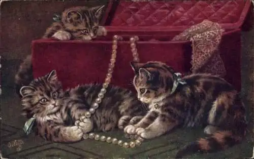 Künstler Ak Katzen spielen mit einer Perlenkette