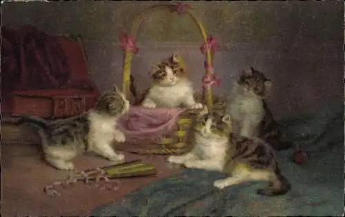Ak Kleine Katzen mit einem Korb, Fächer, Bücher