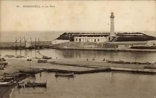 Ak Cherchell Algerien, Hafen, Leuchtturm
