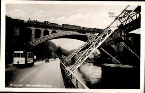 Ak Elberfeld Wuppertal, Sonnborner Brücke, Schwebebahn, Straßenbahn, Eisenbahn