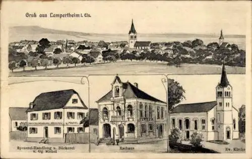 Künstler Ak Lampertheim Elsass Bas Rhin, Spezereihandlung, Bäckerei, Rathaus, Kirche