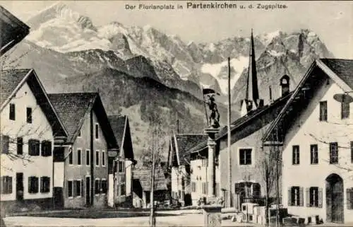 Ak Garmisch Partenkirchen in Oberbayern, Florianplatz, Zugspitze