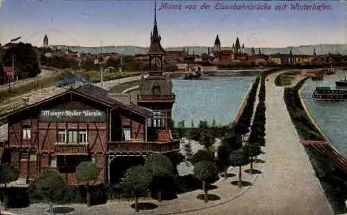 Ak Mainz am Rhein, Blick von der Eisenbahnbrücke mit Winterhafen, Mainzer Ruderverein