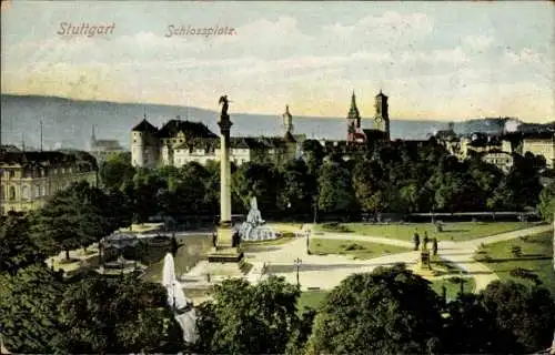 Ak Stuttgart in Württemberg, Schlossplatz, Springbrunnen, Säule