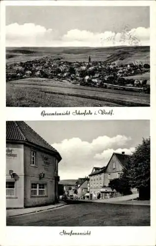 Ak Scherfede Warburg in Westfalen, Gesamtansicht, Straßenansicht, Gasthof Heidinger