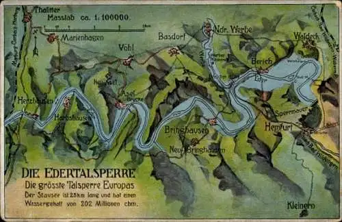 Landkarten Ak Waldeck am Edersee Hessen, Edertalsperre, Herzhausen, Hemfurt, Bringhausen