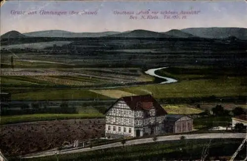 Ak Gensungen Felsberg Hessen, Gasthaus Park zur schönen Aussicht, Fachwerkhaus, Panorama