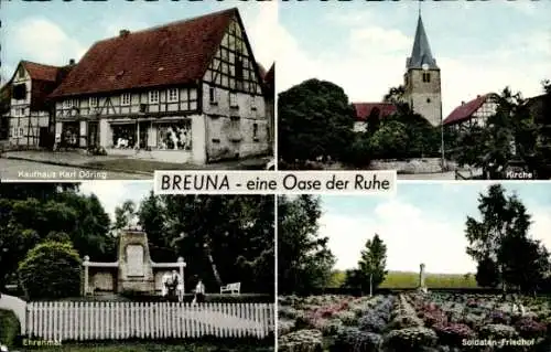 Ak Breuna in Hessen, Kaufhaus Karl Döring, Schule, Ehrenmal, Soldatenfriedhof, Fachwerkhäuser