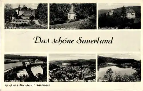 Ak Attendorn im Sauerland, Burg Schnellenberg, Kapelle Waldenbrunn, Jugendherberge, Listertalsperre