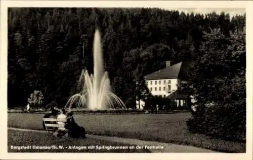 Ak Ilmenau in Thüringen, Anlagen mit Springbrunnen an der Festhalle