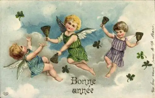 Präge Ak Glückwunsch Neujahr, Engel, Glocken, Glücksklee