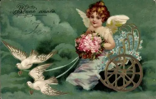 Präge Litho Glückwunsch Neujahr, Engel, Blumen, Tauben