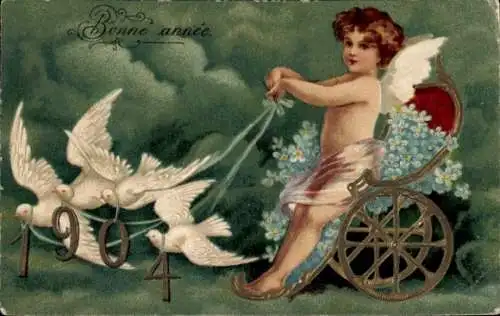 Präge Litho Glückwunsch Neujahr 1904, Engel, Blumen, Tauben