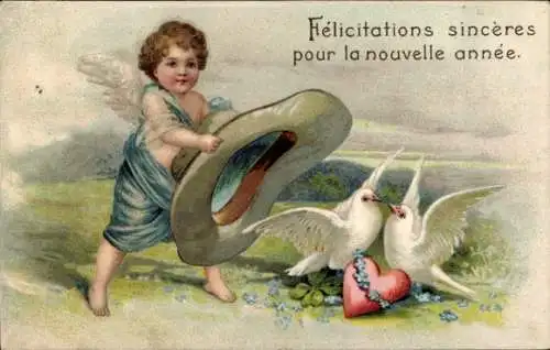 Präge Ak Glückwunsch Neujahr, Engel, Hut, Tauben, Glücksklee, Herz