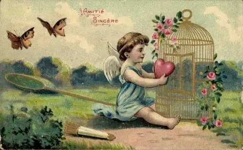 Präge Ak Engel, Schmetterlinge, Käfig, Herz, Blumen
