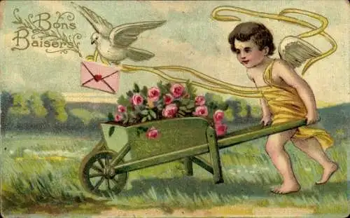 Präge Ak Engel, Schubkarre, Rosen, Taube, Brief
