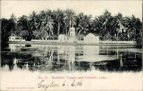 Ak Colombo Ceylon Sri Lanka, See, buddhistischer Tempel