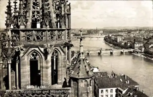 Ak Basel Stadt Schweiz, die drei Rheinbrücken, Münsterturm