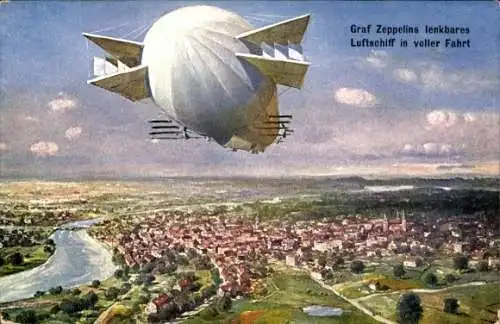Künstler Ak Graf Zeppelins lenkbares Luftschiff in voller Fahrt