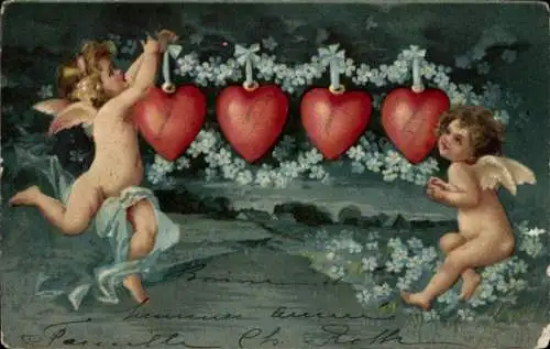 Präge Litho Liebesengel, Amor, Herzen, Vergissmeinnicht