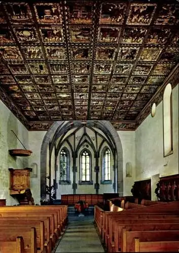 Ak Zillis Reischen Viamala Kt. Graubünden, älteste romanische Kirchendecke, Schiff, Turm