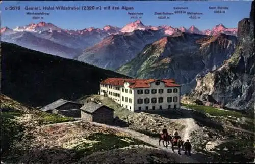Ak Gemmi Leukerbad Kanton Wallis, Hotel Wildstrubel mit den Alpen