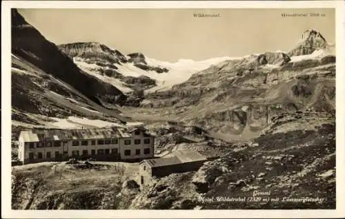 Ak Gemmi Leukerbad Kanton Wallis, Hotel Wildstrubel mit Lämmergletscher