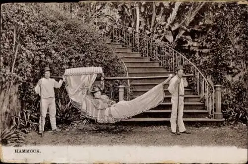 Ak Insel Madeira Portugal, Hammock, Dame getragen in einer Sänfte