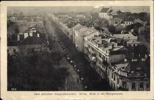 Ak Vilnius Wilna Litauen, Blick in die Georgstraße aus der Vogelschau, Planwagen, Konvoi, I. WK