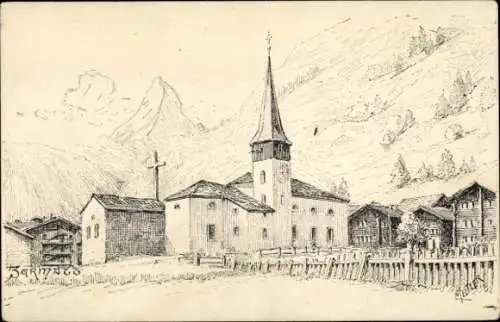 Künstler Ak Meltzer, Zermatt Kanton Wallis Schweiz, Kirche