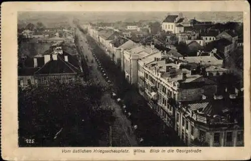 Ak Vilnius Wilna Litauen, Blick in die Georgstraße aus der Vogelschau, Planwagen, Konvoi, I. WK