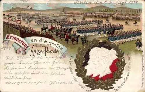 Präge Litho Große Kaiserparade, Kaiser Wilhelm II., Kaiserin Auguste Viktoria