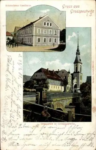 Ak Großpostwitz in Sachsen, Schmeisses Gasthaus, Ortspartie mit Blick zur Kirche, Brücke