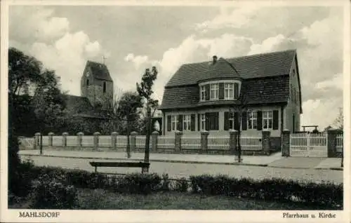 Ak Berlin Marzahn Mahlsdorf, Pfarrhaus, Kirche