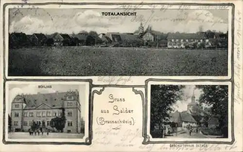 Ak Salder Salzgitter in Niedersachsen, Schloss, Blick auf den Ort, Geschäftshaus