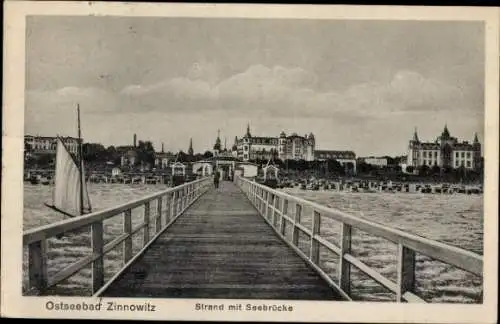 Ak Ostseebad Zinnowitz auf Usedom, Strand, Seebrücke