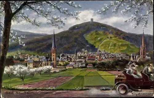 Künstler Ak Lanzendorf, R., Bad Nauheim im Wetteraukreis, Blick zum Ort, Automobil, Kirche, Nr. 8